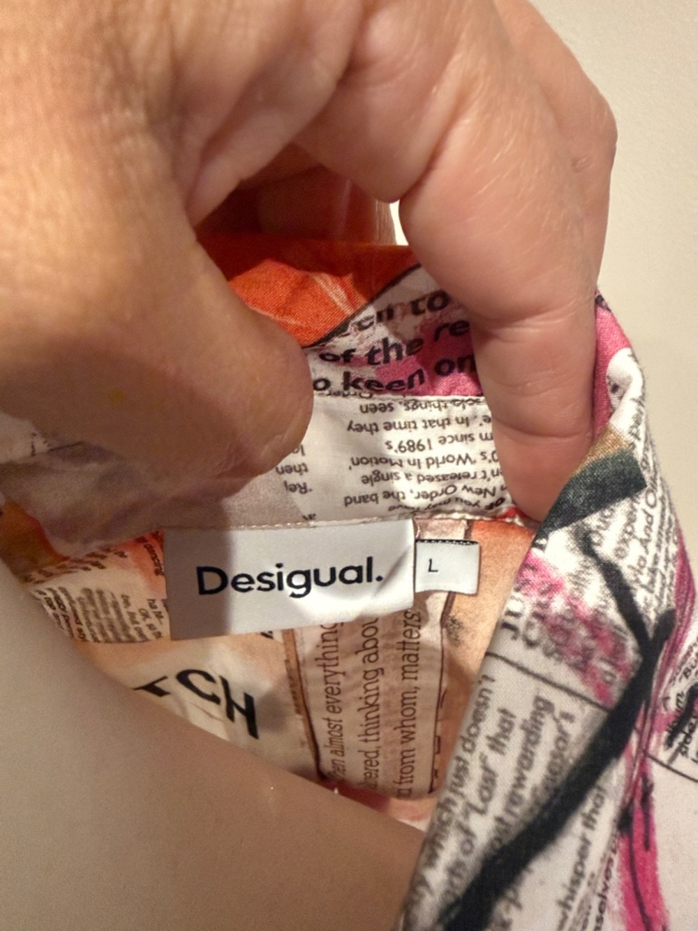 Desigual Newspaper Print Button-Up Shirt with Pink & Red Accents - Picture 4 of 4